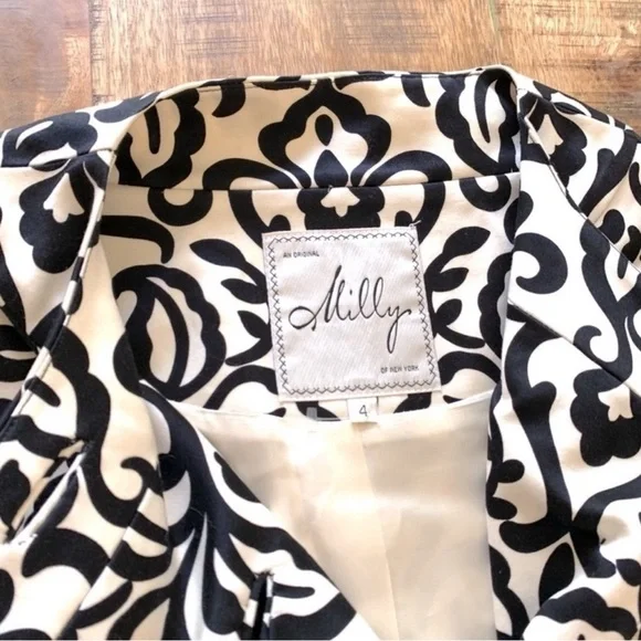NWOT Milly of New York Black/Off of White Cream Embroidered Coat Topper Size 4